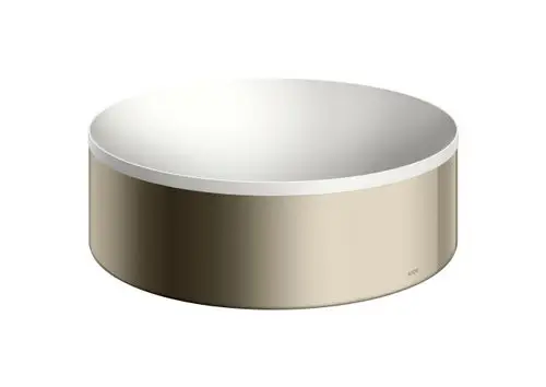 Runder Aufsatzwaschtisch in Polished Nickel von AXOR, ohne Hahnloch und Überlauf, mit flacher oer-weißer Oberfläche und beige-farbigem Rand.